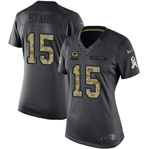 Women's Limited Bart Starr Nike Jersey Black - #15 2016 Salute to Service NFL Green Bay Packers